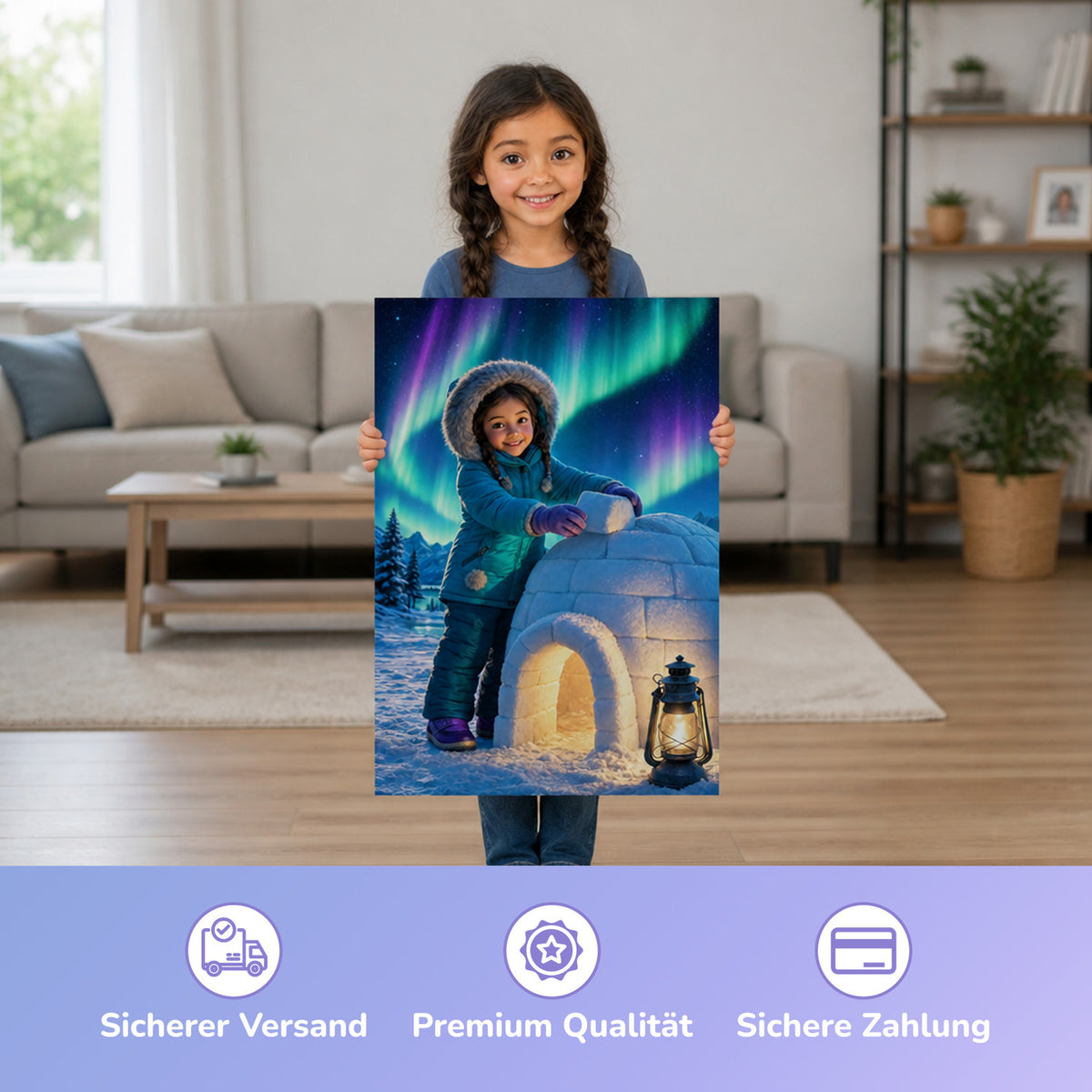 Das Iglu – Mädchen hält das gedruckte Poster