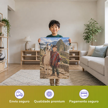 In Machu Picchu – Junge hält das gedruckte Poster