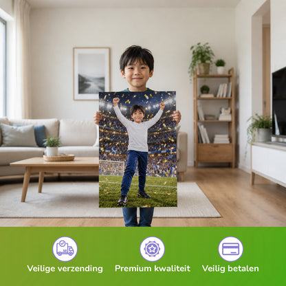 Jubel im Stadion – Junge hält das gedruckte Poster