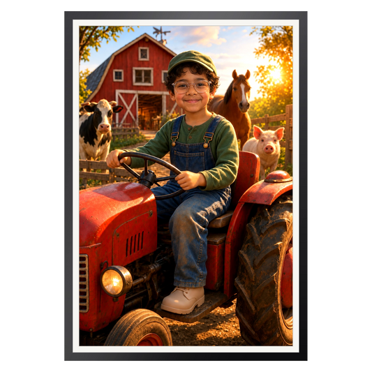 Kleiner Bauer auf dem Traktor – Poster im Rahmen