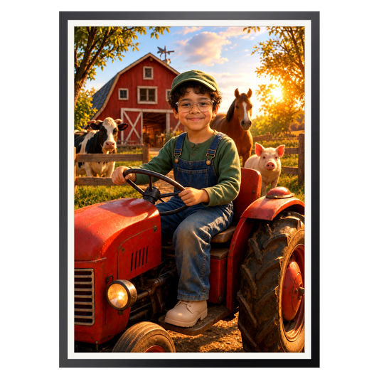 Kleiner Bauer auf dem Traktor – Poster im Rahmen