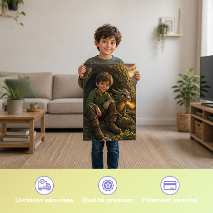Der kleine Drache – Junge hält das gedruckte Poster