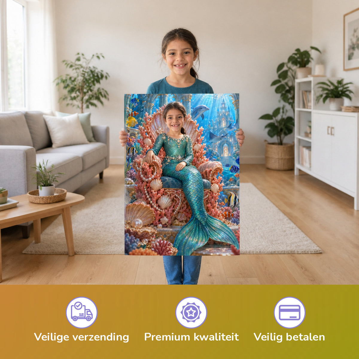 Meerjungfrau auf dem Korallenthron — Kind houdt de gedrukte poster vast