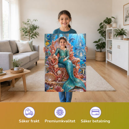 Meerjungfrau auf dem Korallenthron – Mädchen hält das gedruckte Poster