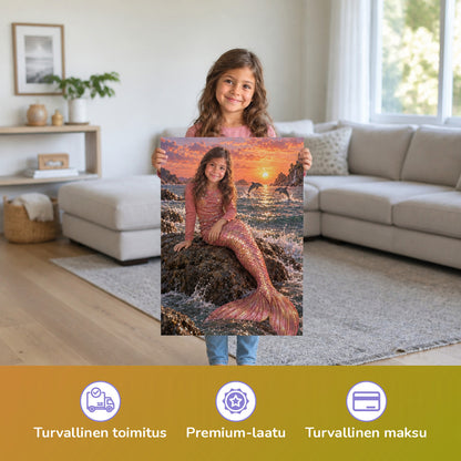 Meerjungfrau in der Abendsonne – Mädchen hält das gedruckte Poster