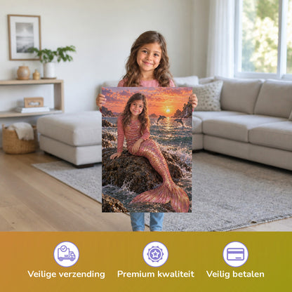Meerjungfrau in der Abendsonne – Mädchen hält das gedruckte Poster