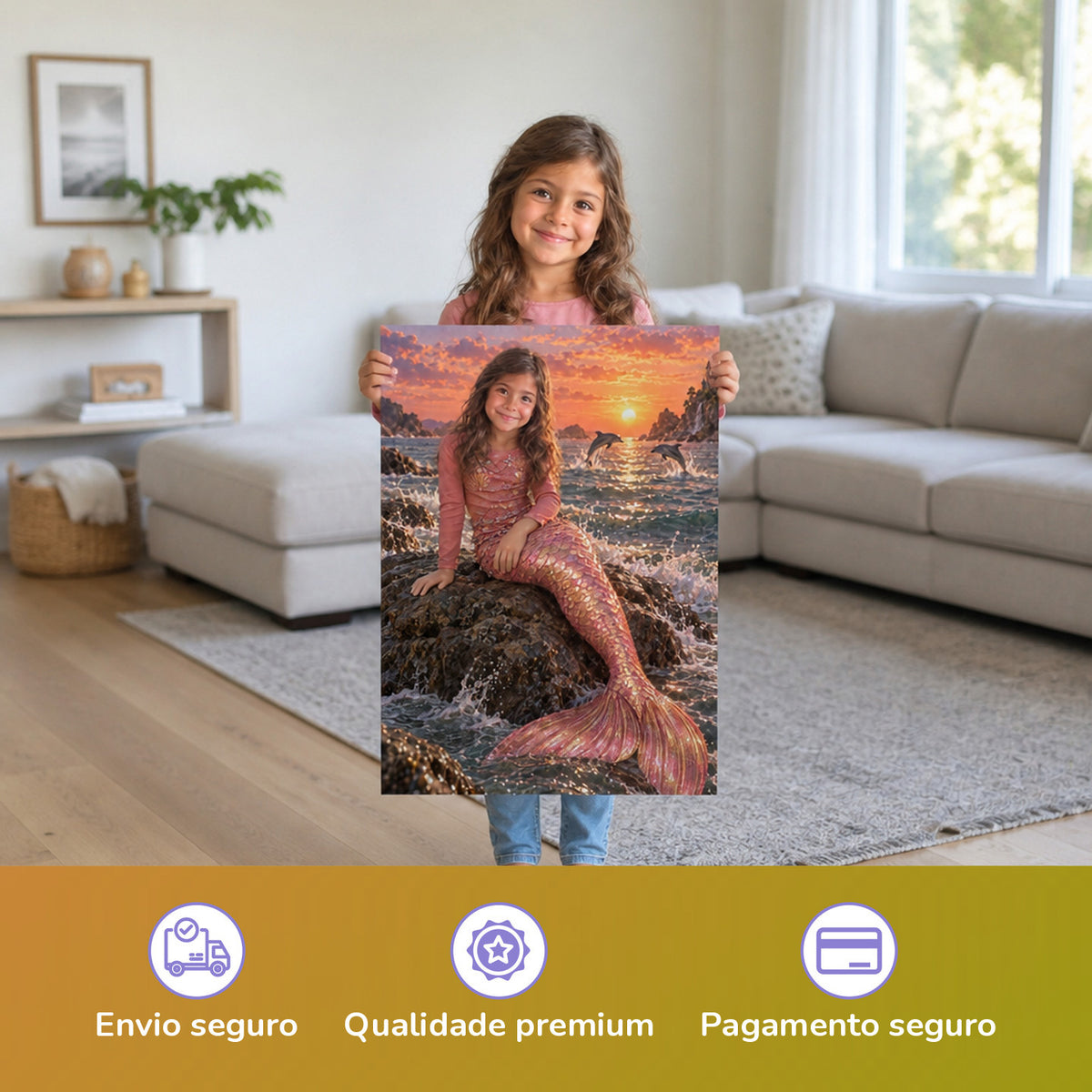 Meerjungfrau in der Abendsonne – Mädchen hält das gedruckte Poster