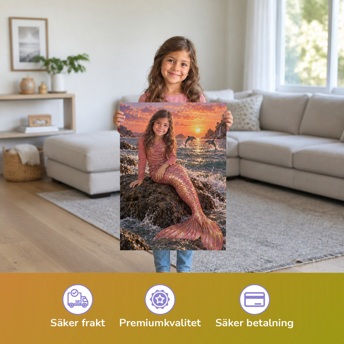 Meerjungfrau in der Abendsonne – Mädchen hält das gedruckte Poster