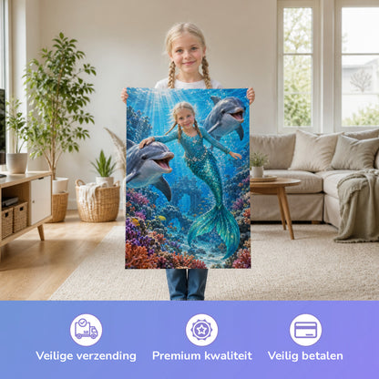 Meerjungfrau mit den Delfinen – Mädchen hält das gedruckte Poster