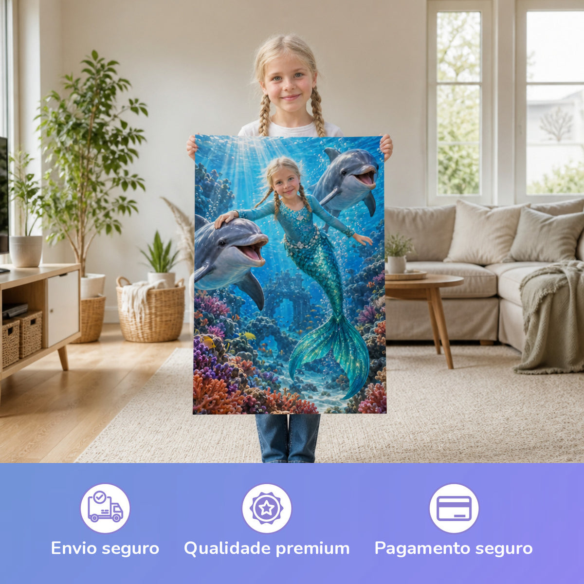Meerjungfrau mit den Delfinen – Mädchen hält das gedruckte Poster