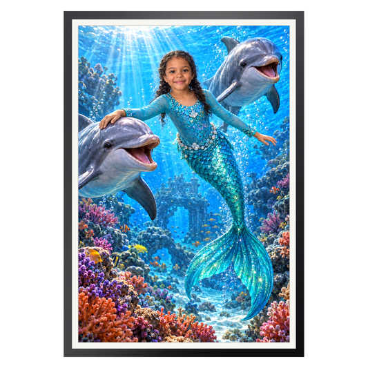 Meerjungfrau mit den Delfinen – Poster im Rahmen