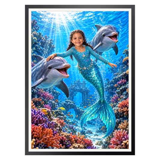 Meerjungfrau mit den Delfinen – Poster im Rahmen