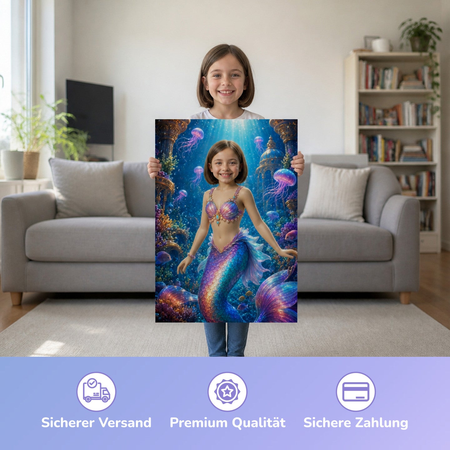 Meerjungfrau im Korallenpalast | Special-Edition "3D-Animation" – Mädchen hält das gedruckte Poster