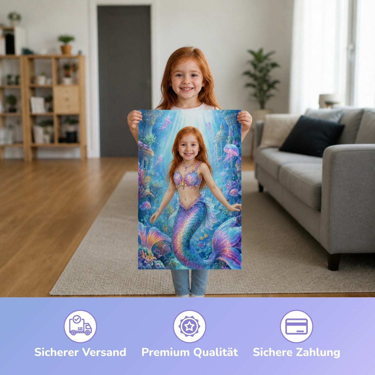 Meerjungfrau im Korallenpalast | Special-Edition "Aquarell" – Mädchen hält das gedruckte Poster