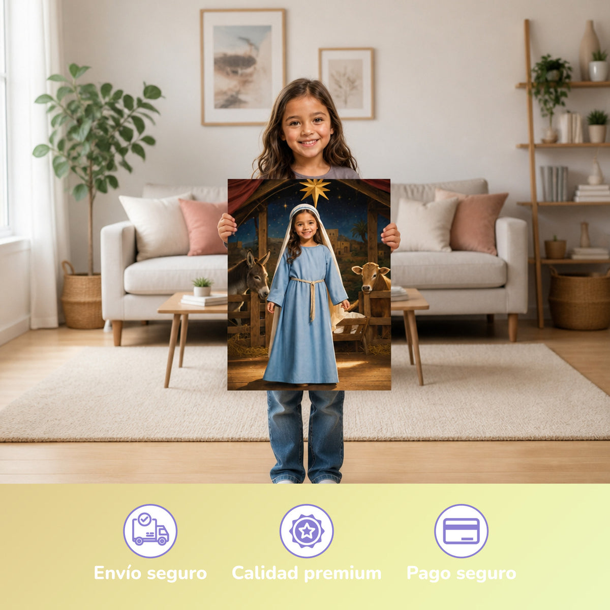 La obra de Navidad – niña con el póster impreso