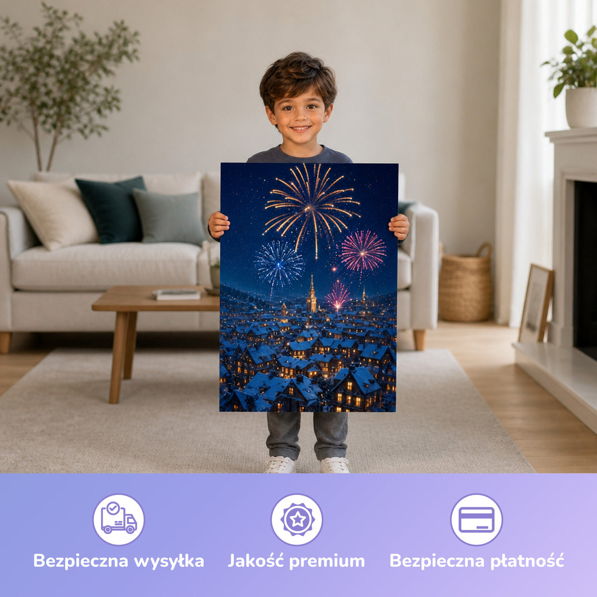 Silvester mit Wunderkerze – Junge hält das gedruckte Poster