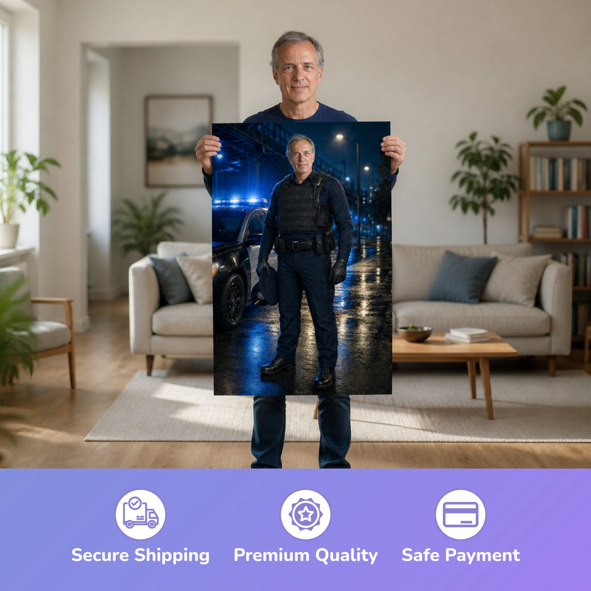  – Mann hält das gedruckte Poster