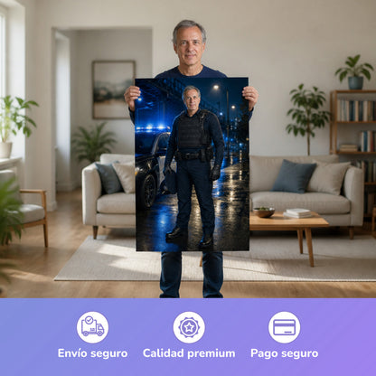  – Mann hält das gedruckte Poster