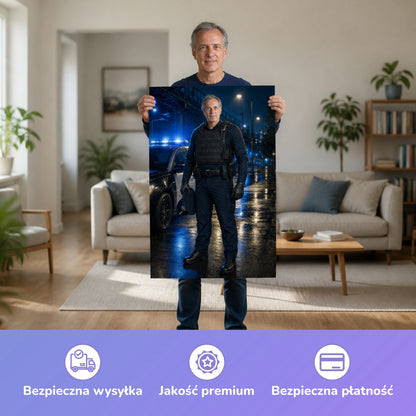  – Mann hält das gedruckte Poster