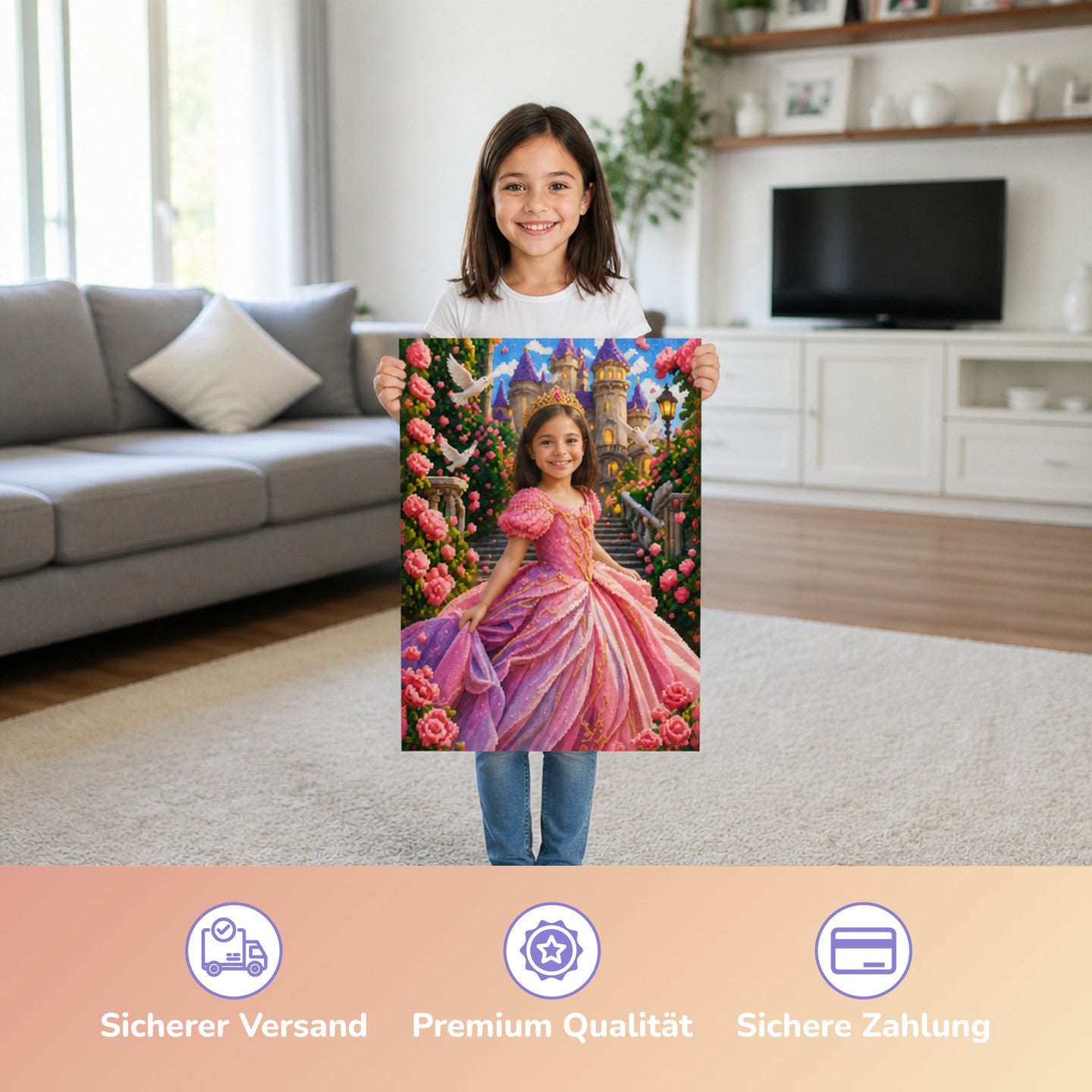 Prinzessin im Märchengarten | Special-Edition "Baustein" – Mädchen hält das gedruckte Poster