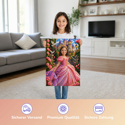 Prinzessin im Märchengarten | Special-Edition "Baustein" – Mädchen hält das gedruckte Poster