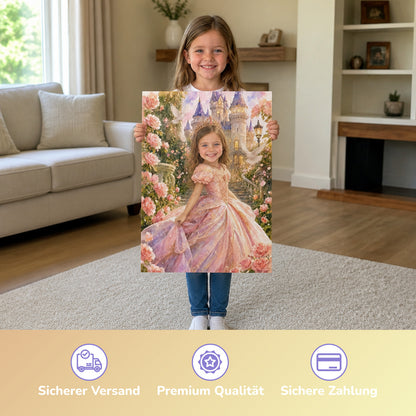 Prinzessin im Märchengarten | Special-Edition "Aquarell" – Mädchen hält das gedruckte Poster