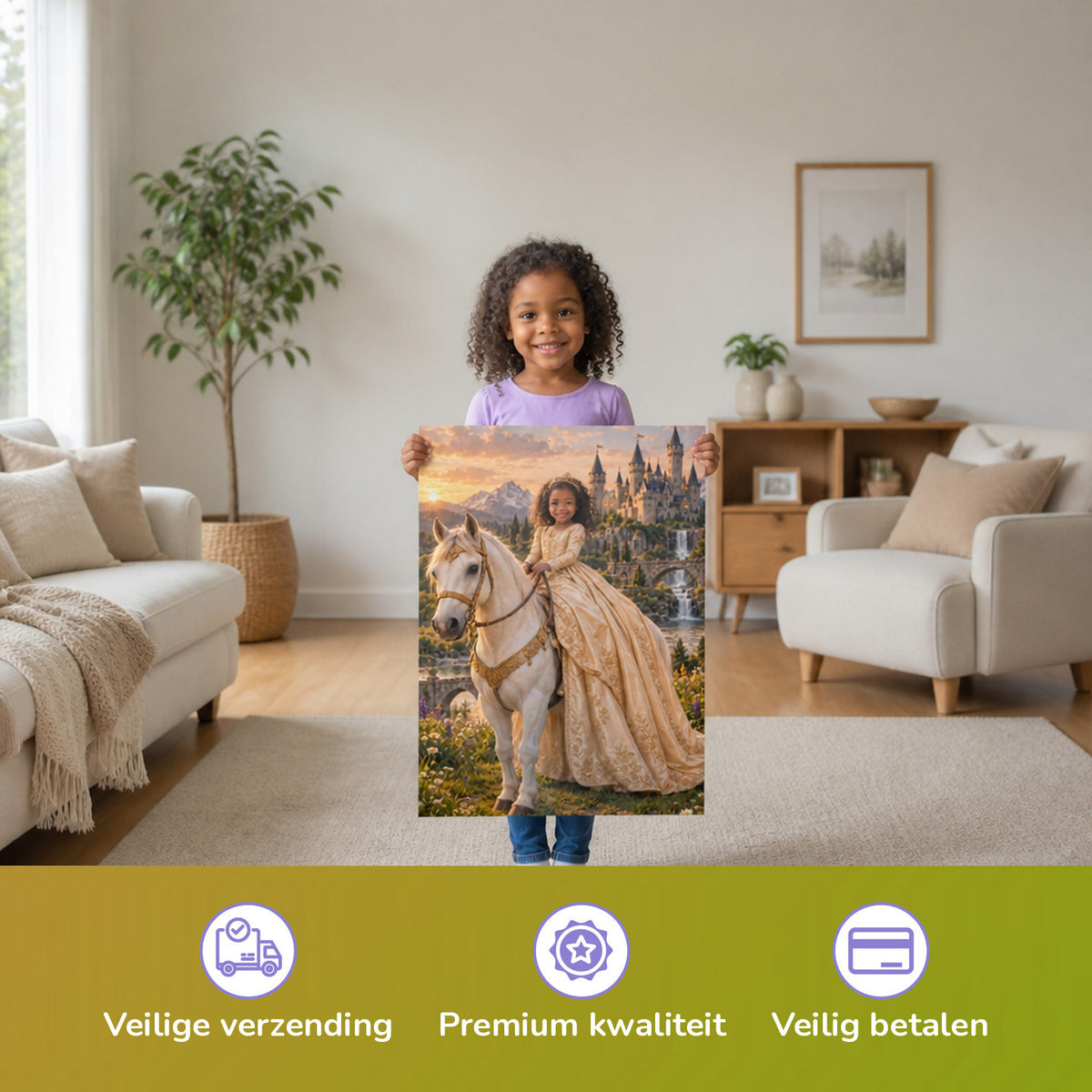 Prinzessin auf dem weißen Pferd — Kind houdt de gedrukte poster vast