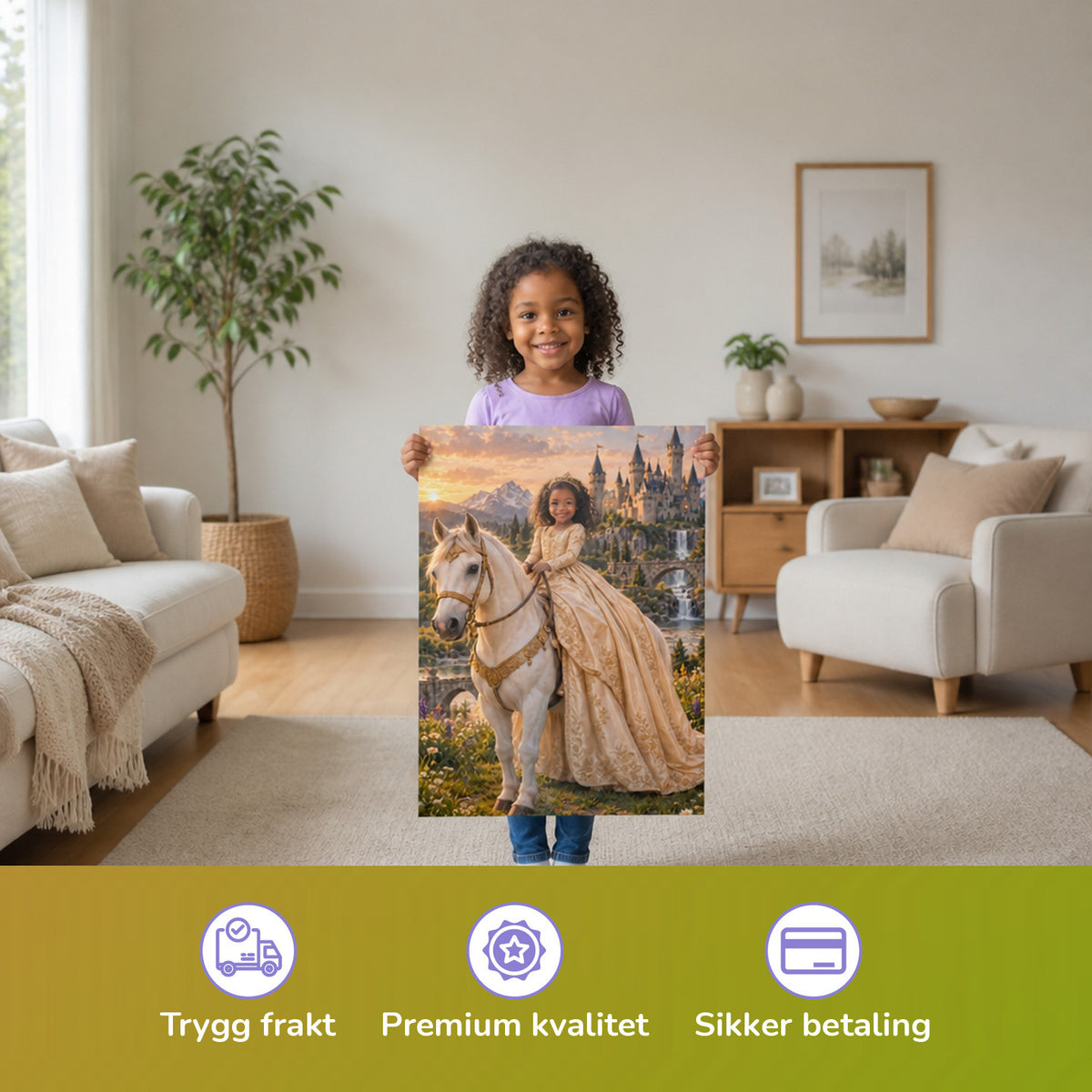 Prinzessin auf dem weißen Pferd – Mädchen hält das gedruckte Poster