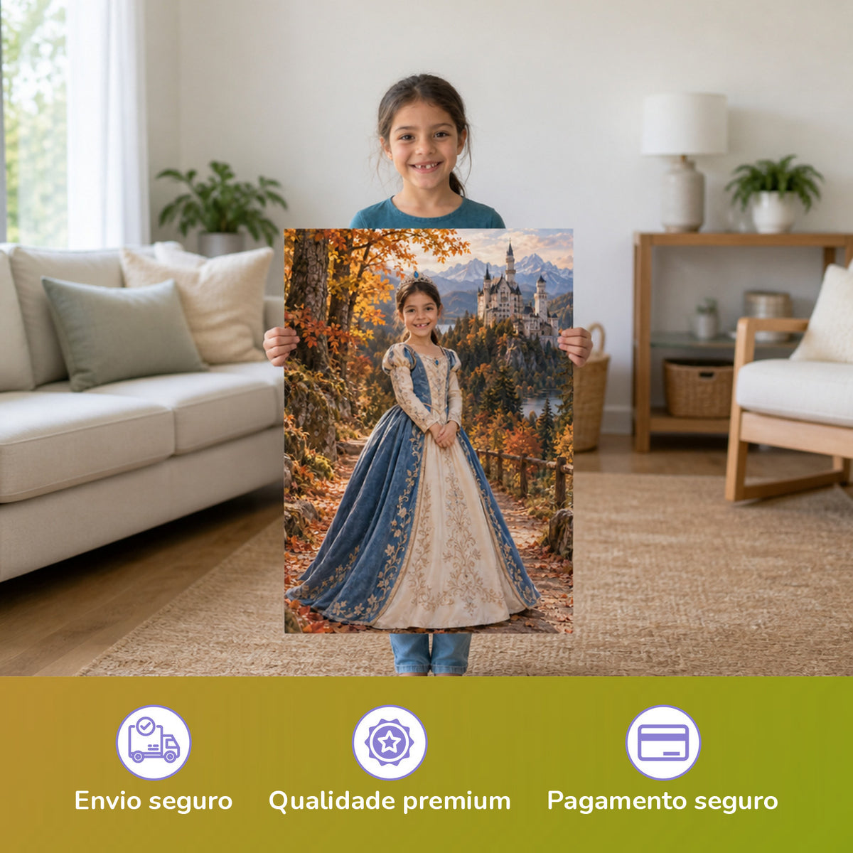 Prinzessin vor Neuschwanstein – Mädchen hält das gedruckte Poster