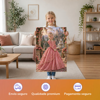 Prinzessin zwischen den Rosenbögen – Mädchen hält das gedruckte Poster
