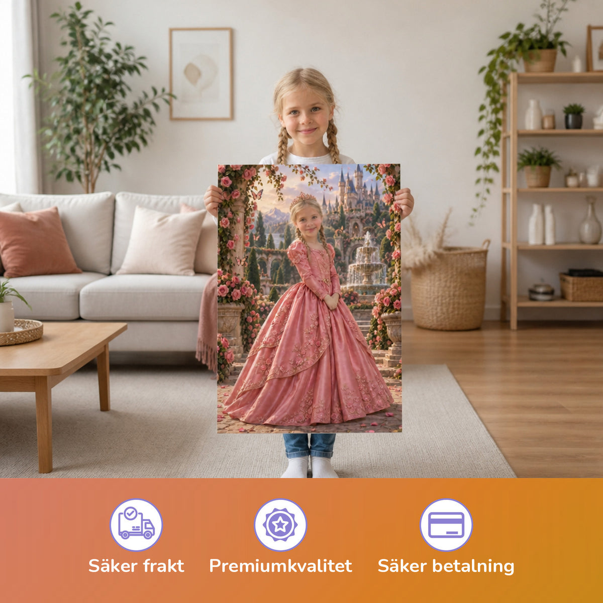 Prinzessin zwischen den Rosenbögen – Mädchen hält das gedruckte Poster