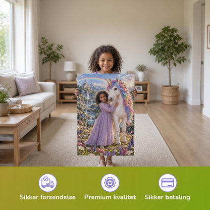 Regenbogen-Einhorn auf der Blumenwiese – Mädchen hält das gedruckte Poster