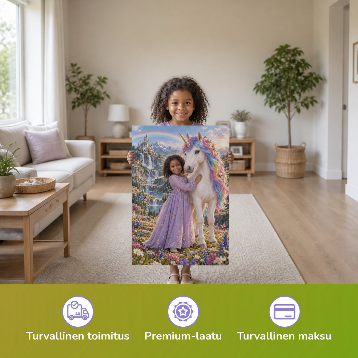 Regenbogen-Einhorn auf der Blumenwiese – Mädchen hält das gedruckte Poster