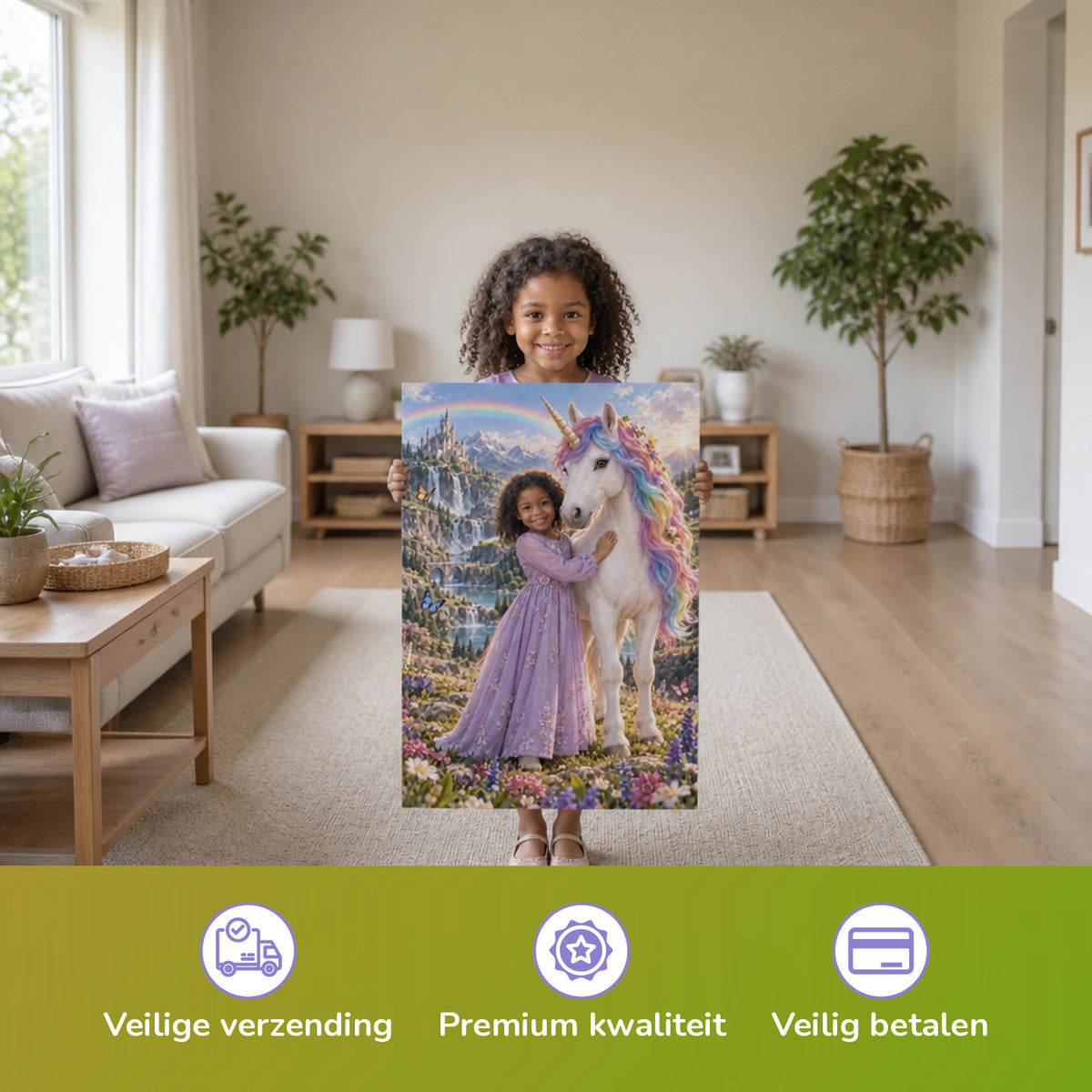 Regenbogen-Einhorn auf der Blumenwiese – Mädchen hält das gedruckte Poster