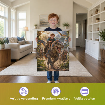 Ritt auf dem Raptor – Junge hält das gedruckte Poster