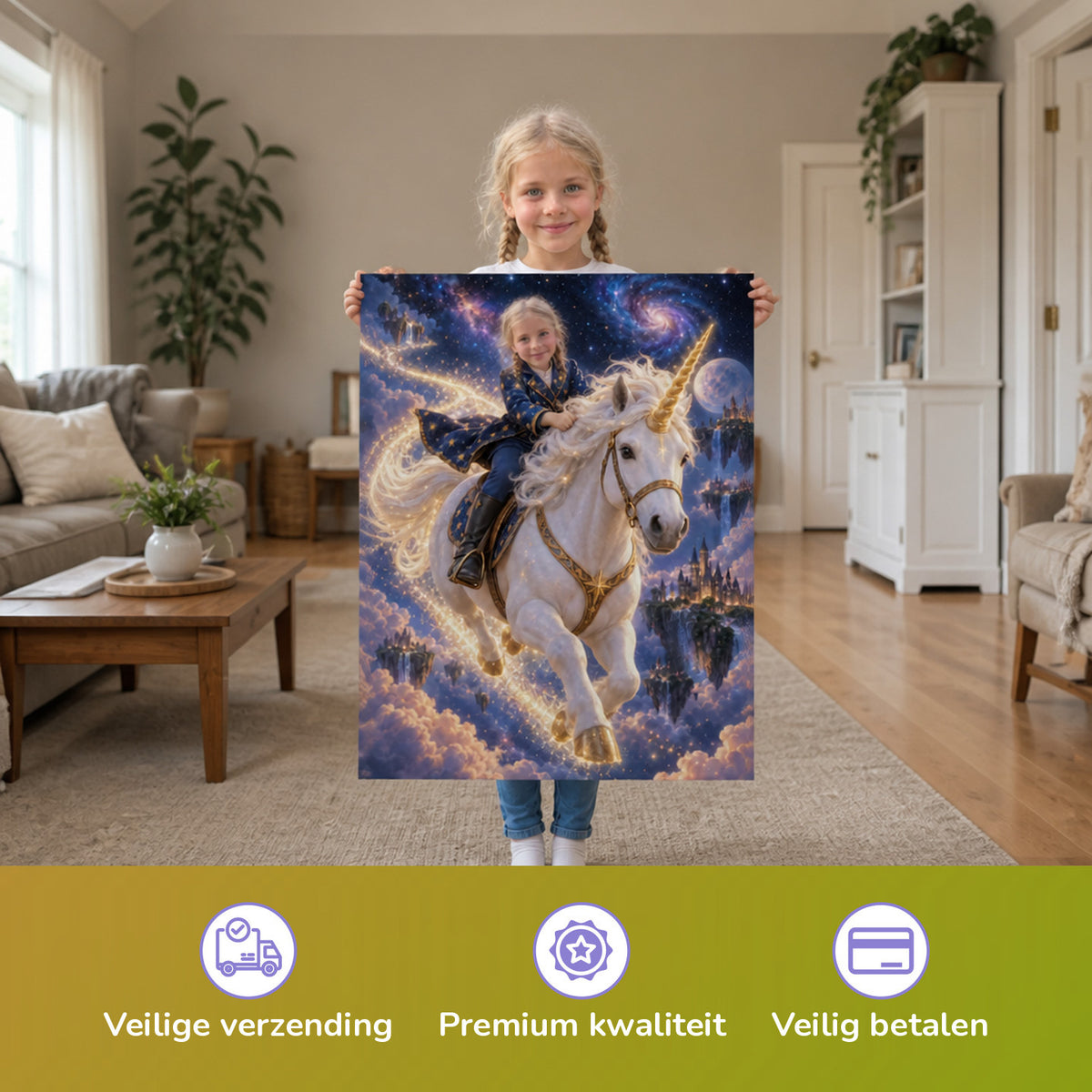 Ritt durch die Sterne – Mädchen hält das gedruckte Poster