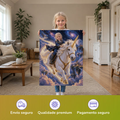 Ritt durch die Sterne – Mädchen hält das gedruckte Poster