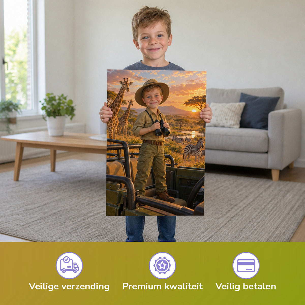 Safari im Jeep — Kind houdt de gedrukte poster vast