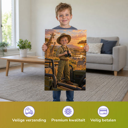 Safari im Jeep – Junge hält das gedruckte Poster