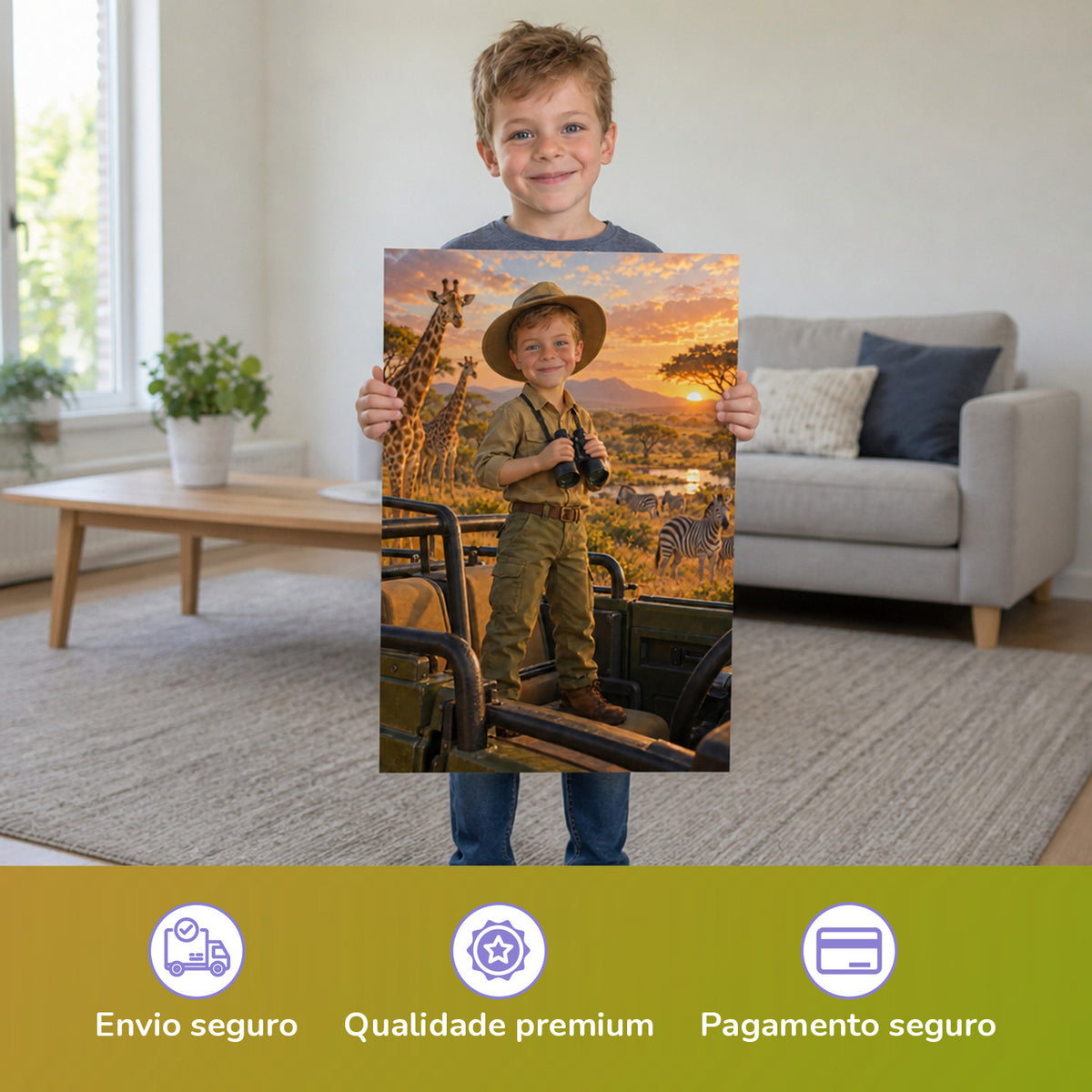 Safari im Jeep – Junge hält das gedruckte Poster
