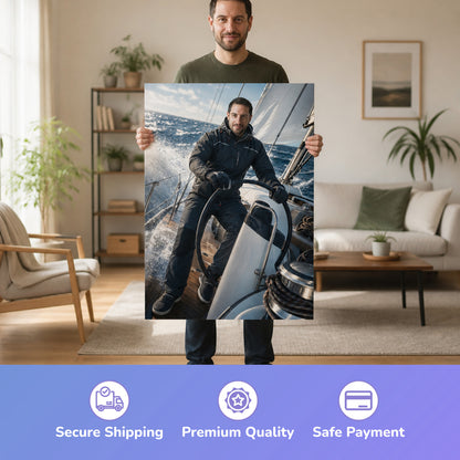  – Mann hält das gedruckte Poster