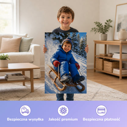 Rodeln – Junge hält das gedruckte Poster