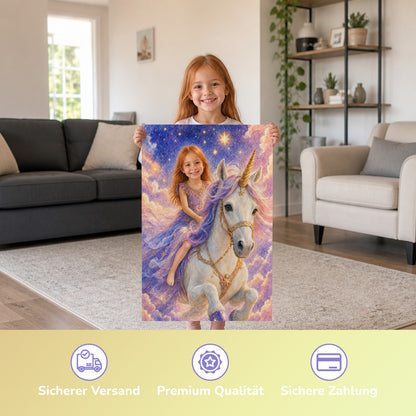 Ritt auf dem Sternen-Einhorn | Special-Edition "Aquarell" – Mädchen hält das gedruckte Poster