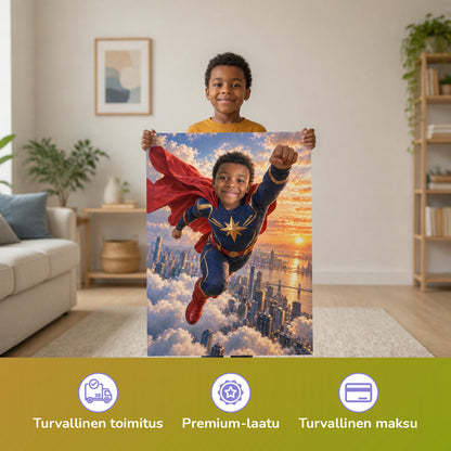 Superheld über den Wolken – Junge hält das gedruckte Poster