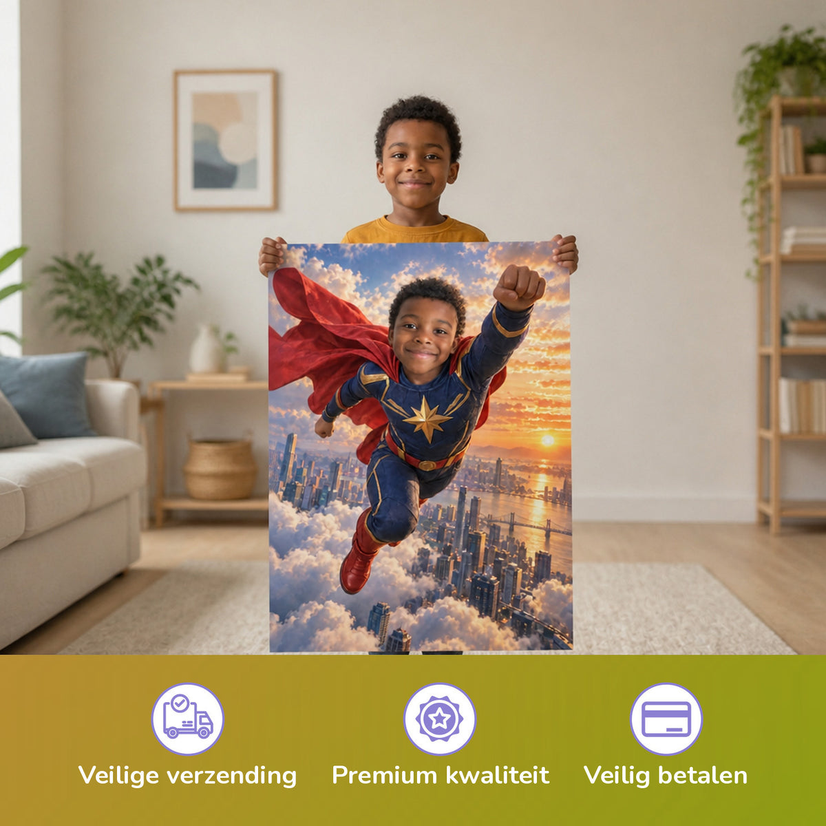 Superheld über den Wolken – Junge hält das gedruckte Poster