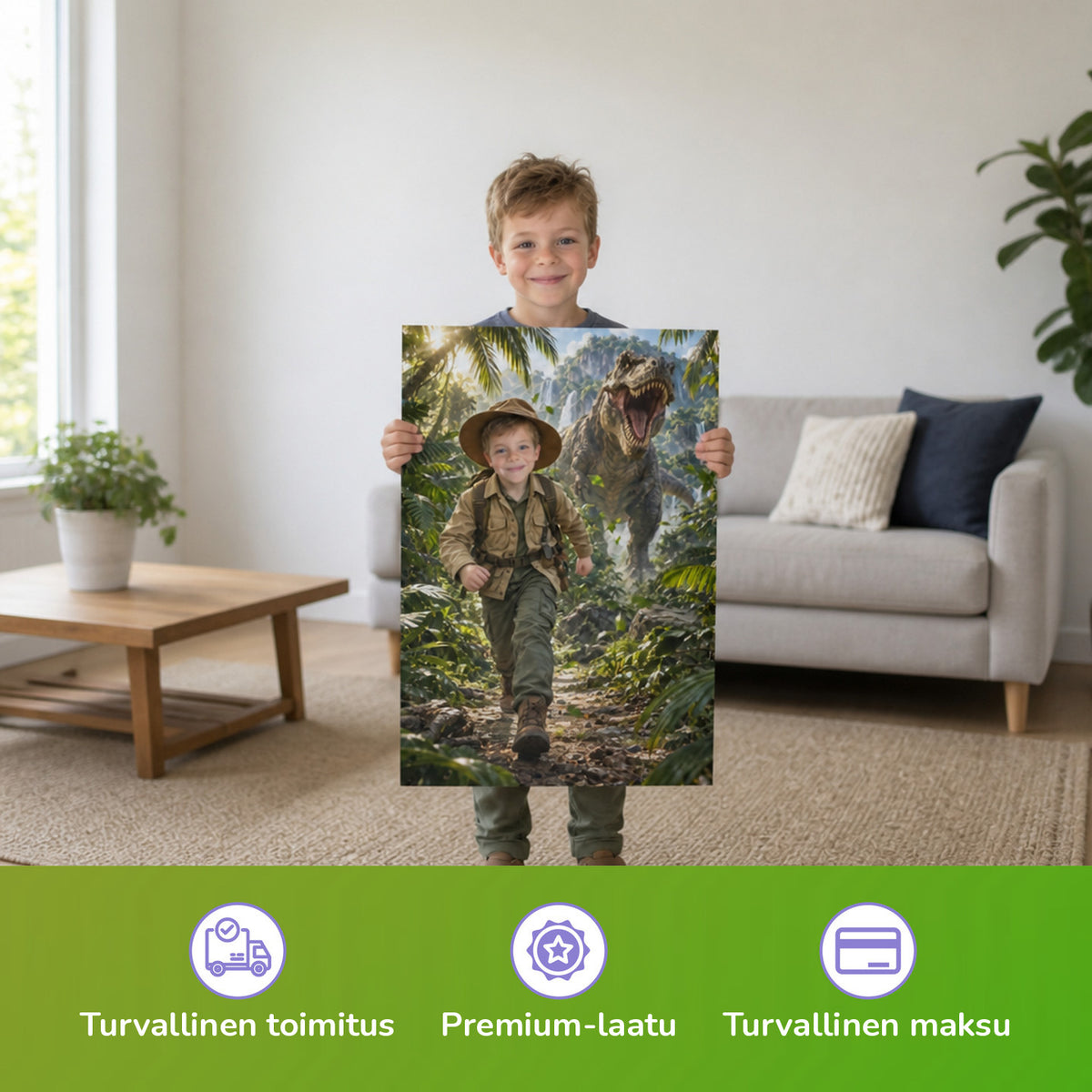 T-Rex-Abenteuer im Dschungel – Junge hält das gedruckte Poster