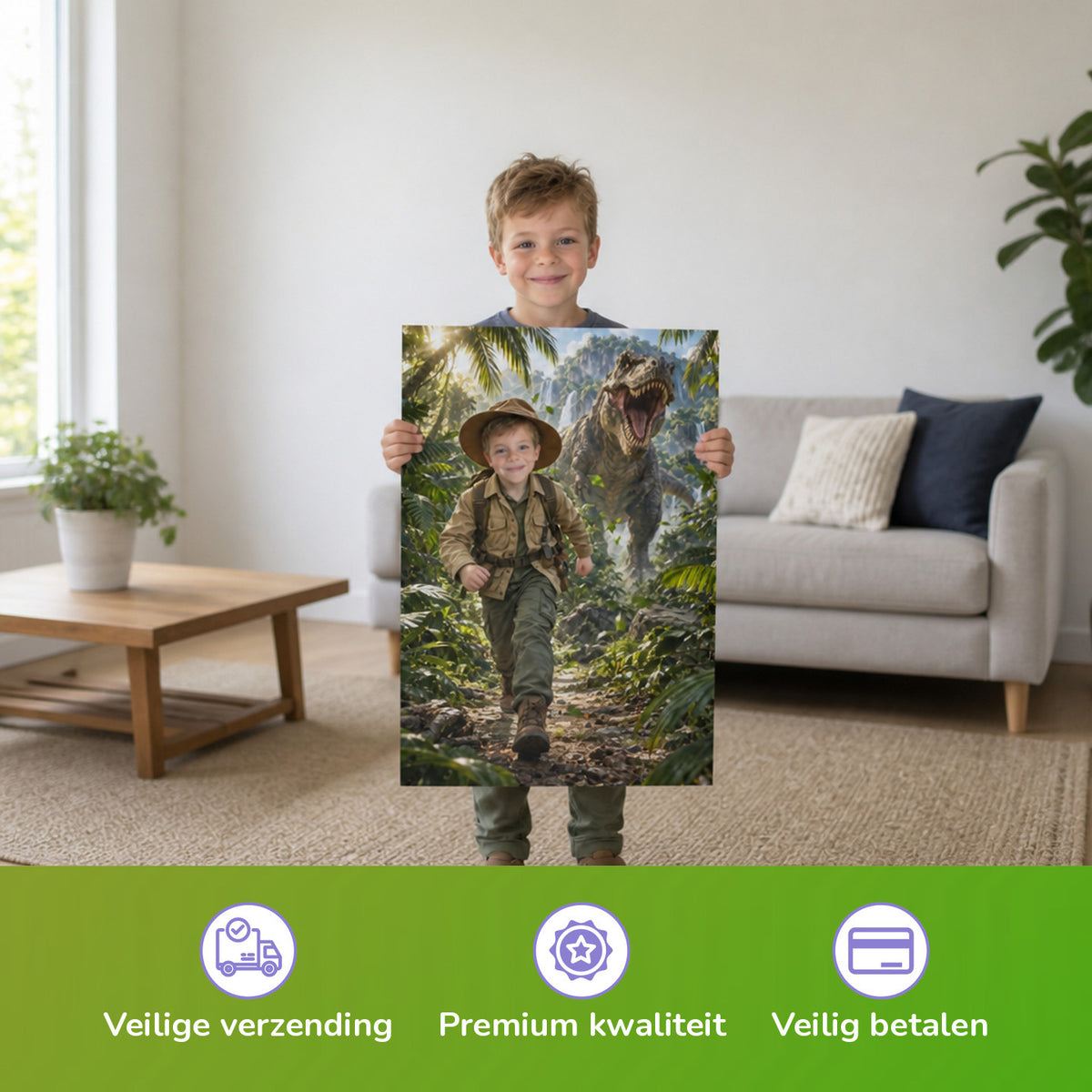 T-Rex-Abenteuer im Dschungel – Junge hält das gedruckte Poster