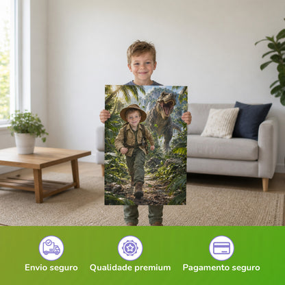 T-Rex-Abenteuer im Dschungel – Junge hält das gedruckte Poster
