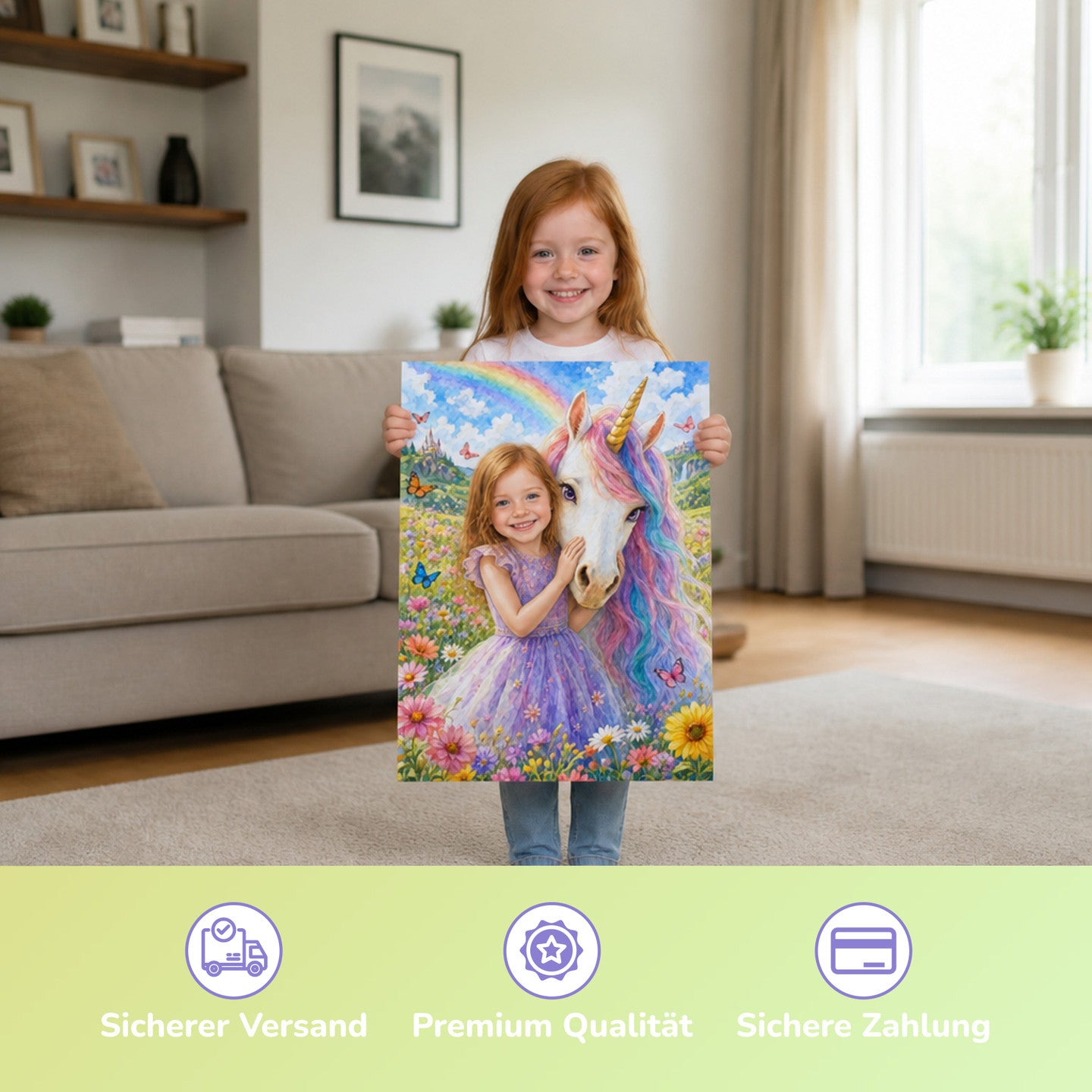 Einhorn am Regenbogen | Special-Edition "Aquarell" – Mädchen hält das gedruckte Poster