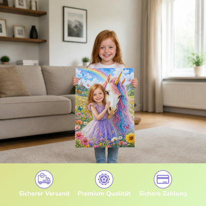 Einhorn am Regenbogen | Special-Edition "Aquarell" – Mädchen hält das gedruckte Poster